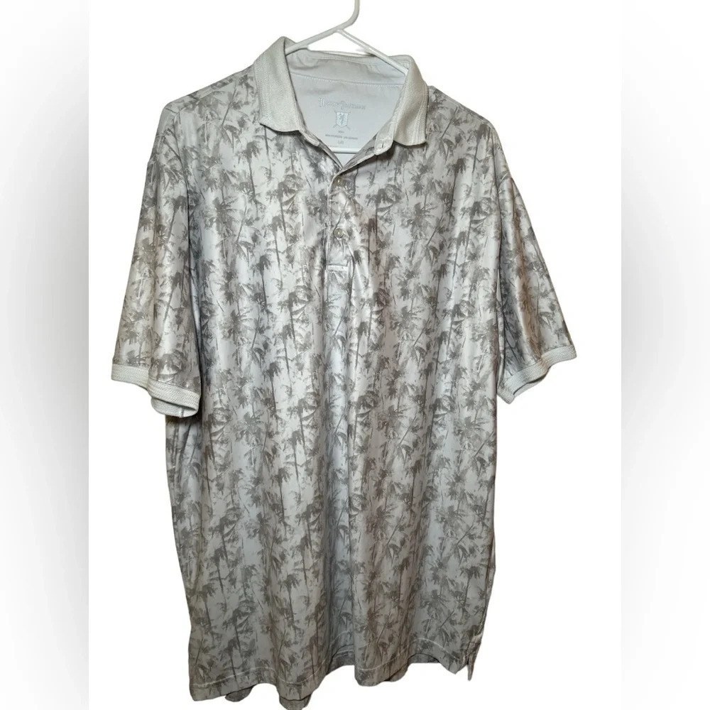 Hickey Freeman Golf white and grey palm tree polo shirt